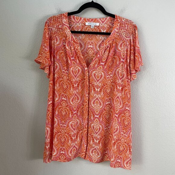 Rose + Olive Womens Plus 1X Paisley Blouse Top Short Flutter Sleeve Shirt - Picture 6 of 10